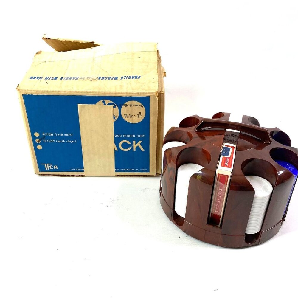 Vintage Wooden Poker Chip Carousel Carrier With Chips And Cards